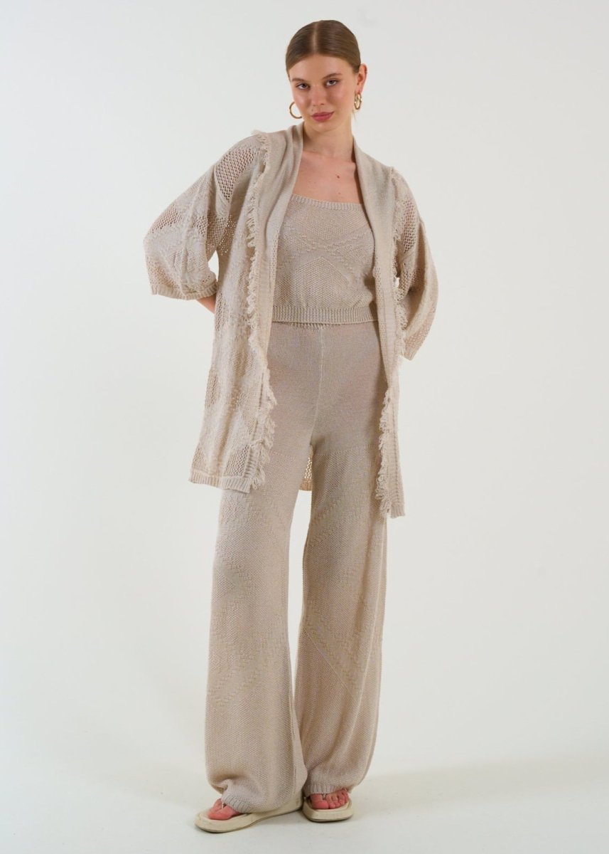 Gaiia Openwork Shawl Collar Cardigan Blouse Trousers Three Piece Set - GAIIA